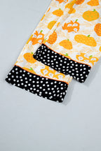 Orange Short Sleeve Pumpkin Print Polka Dot Trim Pocket Pocket Placket Home Wear Lounge Set - MuseLover
