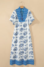 Sky Blue Boho Abstract Print Contrast Trim V Neck Tassel Tie Dress