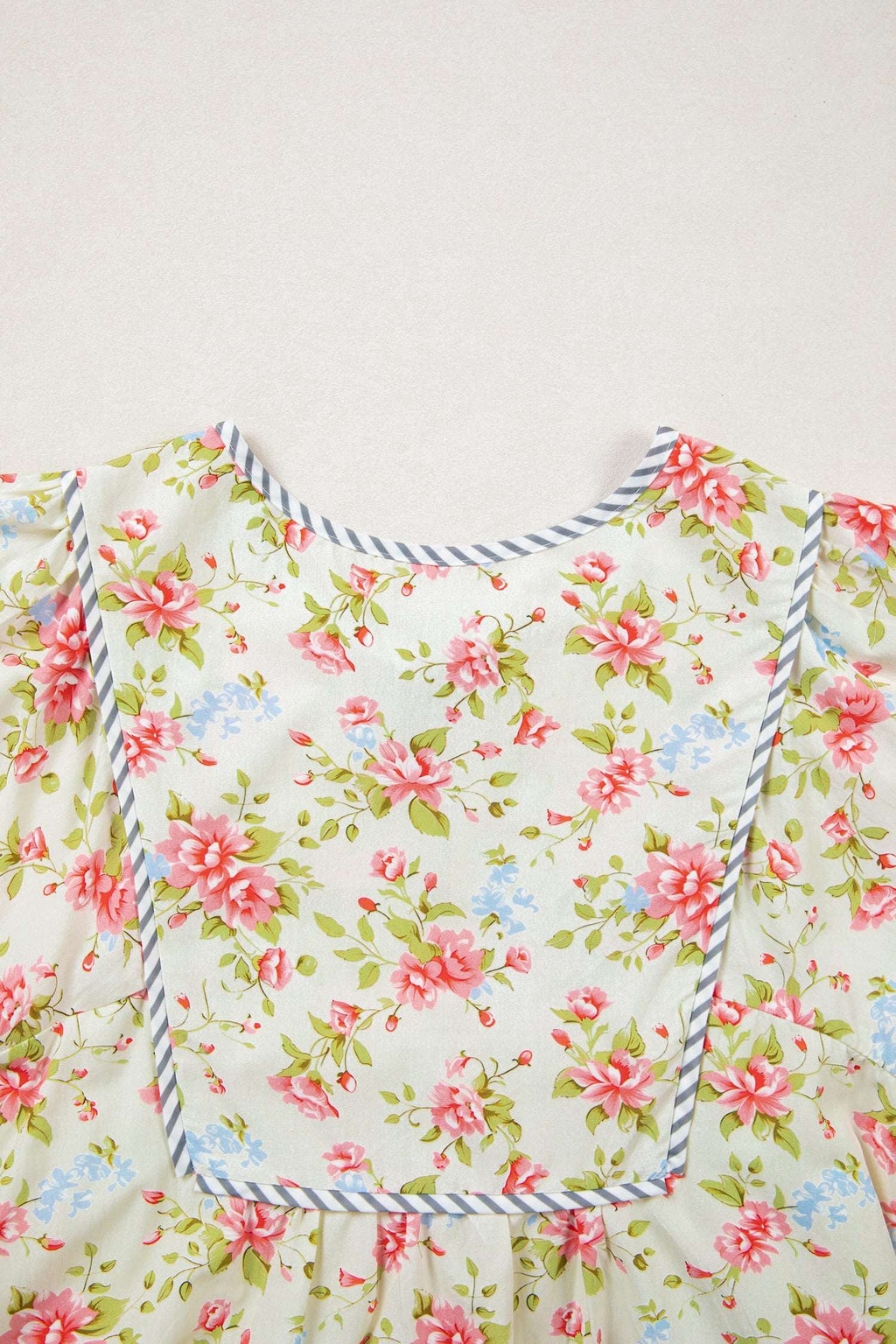 Apricot Striped Edge 3/4 Puff Sleeve Floral Dress