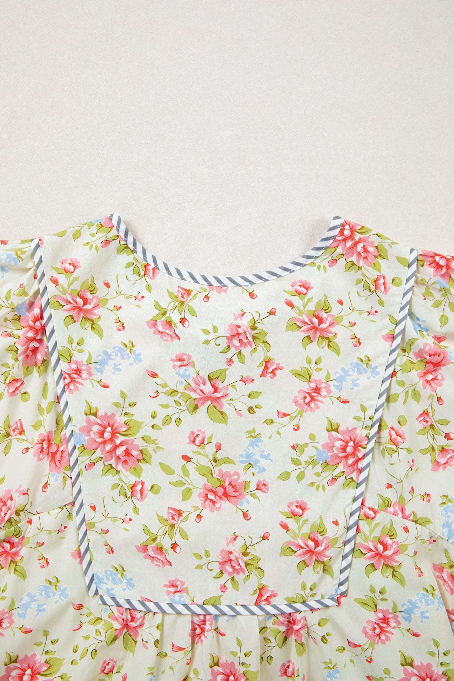 Apricot Striped Edge 3/4 Puff Sleeve Floral Dress