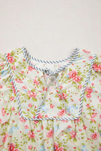 Apricot Striped Edge 3/4 Puff Sleeve Floral Dress