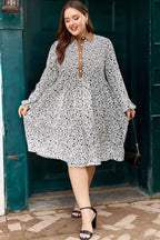 Khaki Plus Size Button V Neck Leopard Print Puff Sleeve Loose Mini Dress