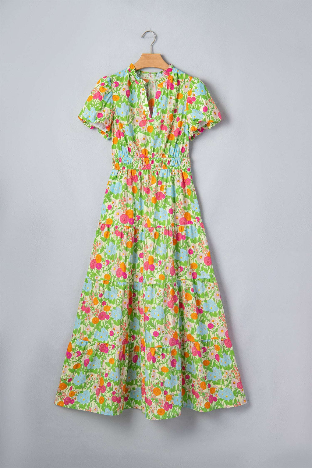 Green Floral Print V Neck Short Puff Sleeve Cotton Maxi Dress