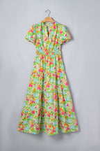 Green Floral Print V Neck Short Puff Sleeve Cotton Maxi Dress