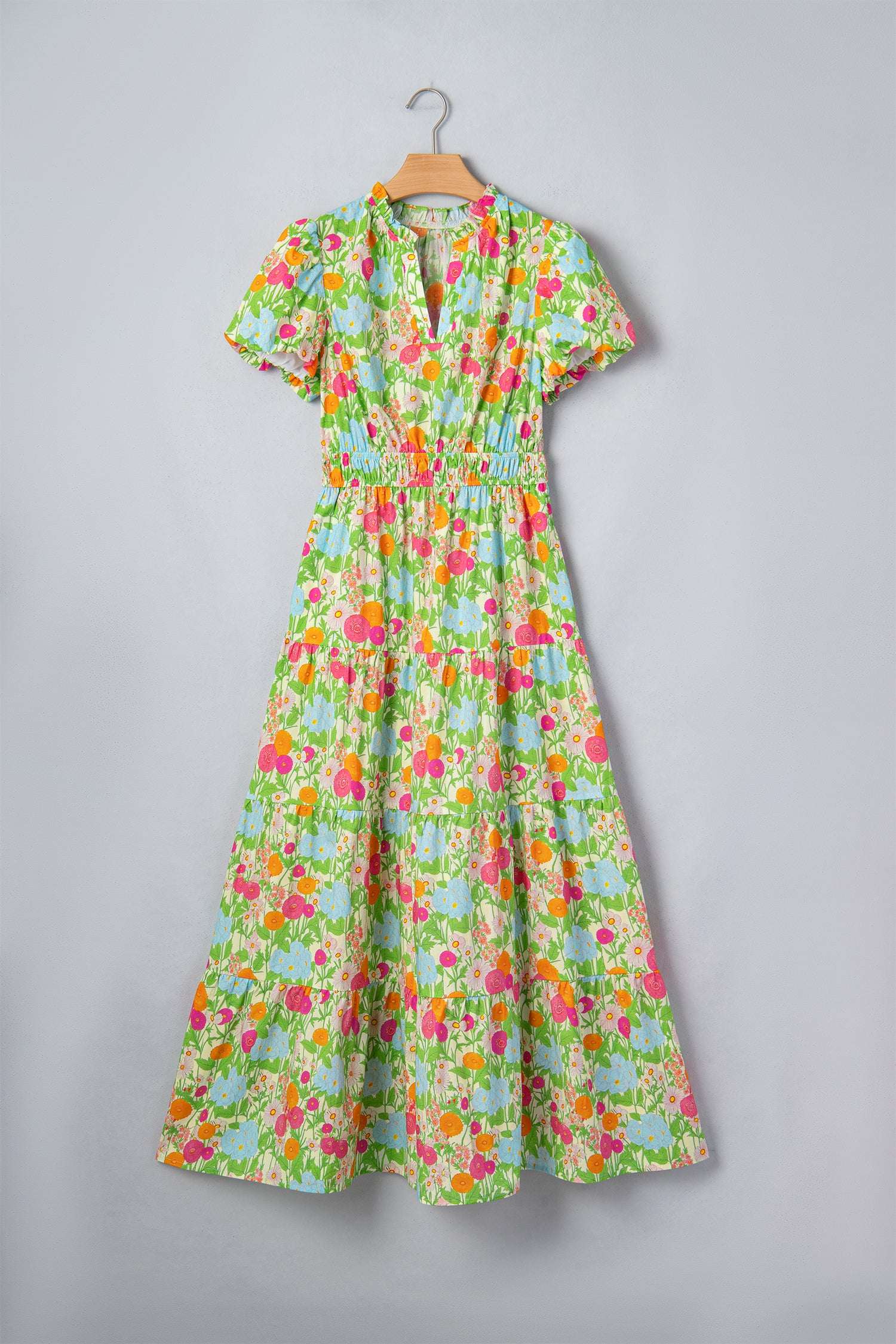 Green Floral Print V Neck Short Puff Sleeve Cotton Maxi Dress