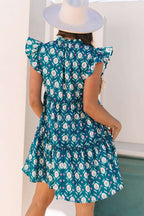 Blue Retro Floral Print Split Neck Ruffle Short Sleeve Dress