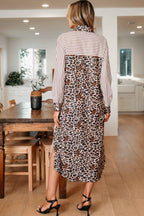 Brown Stripe Contrast Leopard Patchwork Long Shirt Dress with Slits