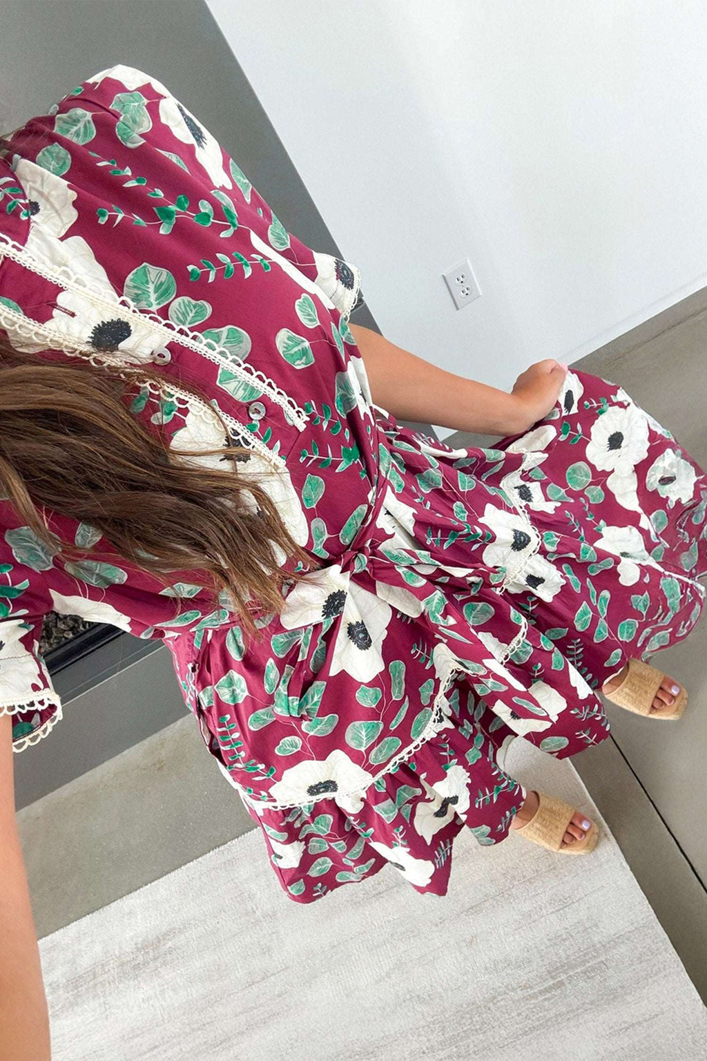 Red Floral Print Trimmed Short Puff Sleeve Mini Dress with Belt