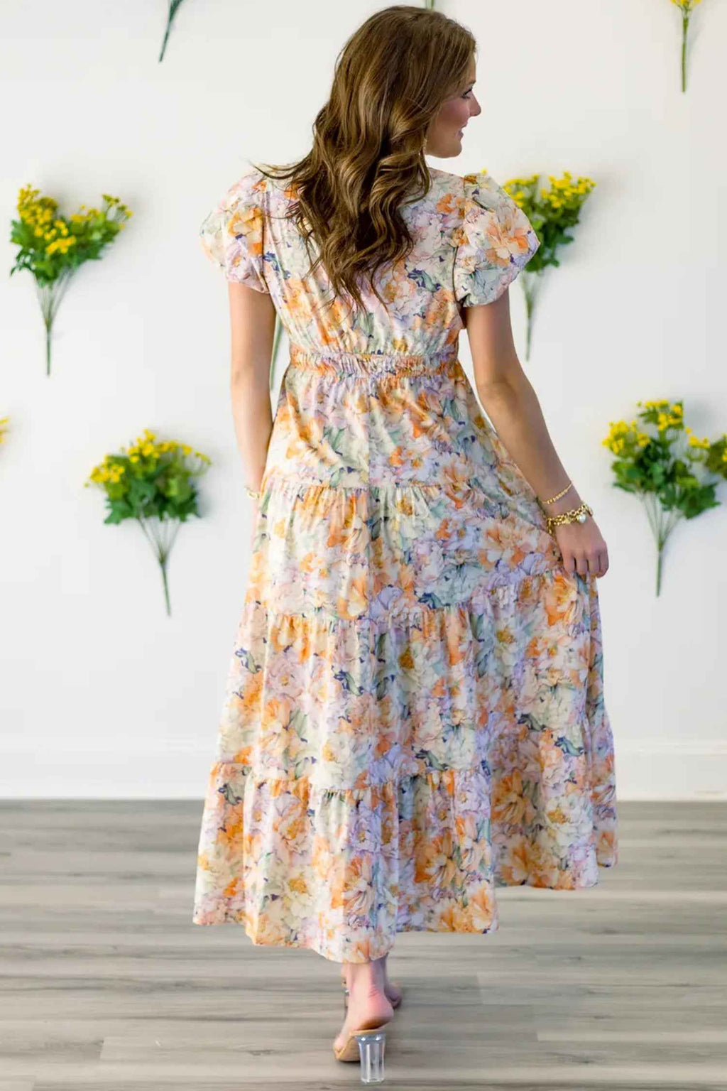 Orange Floral Bubble Sleeve V Neck Flared Maxi Dress