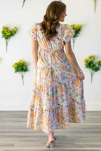 Orange Floral Bubble Sleeve V Neck Flared Maxi Dress
