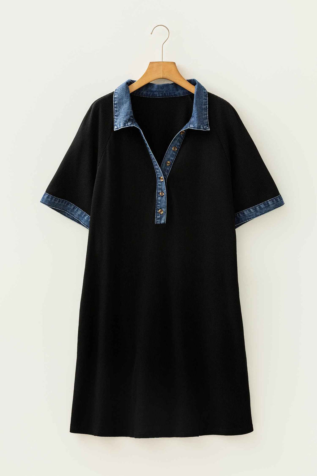 Black Colorblock Denim Collar Short Sleeve Plus Size Shift Dress