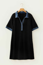 Black Colorblock Denim Collar Short Sleeve Plus Size Shift Dress