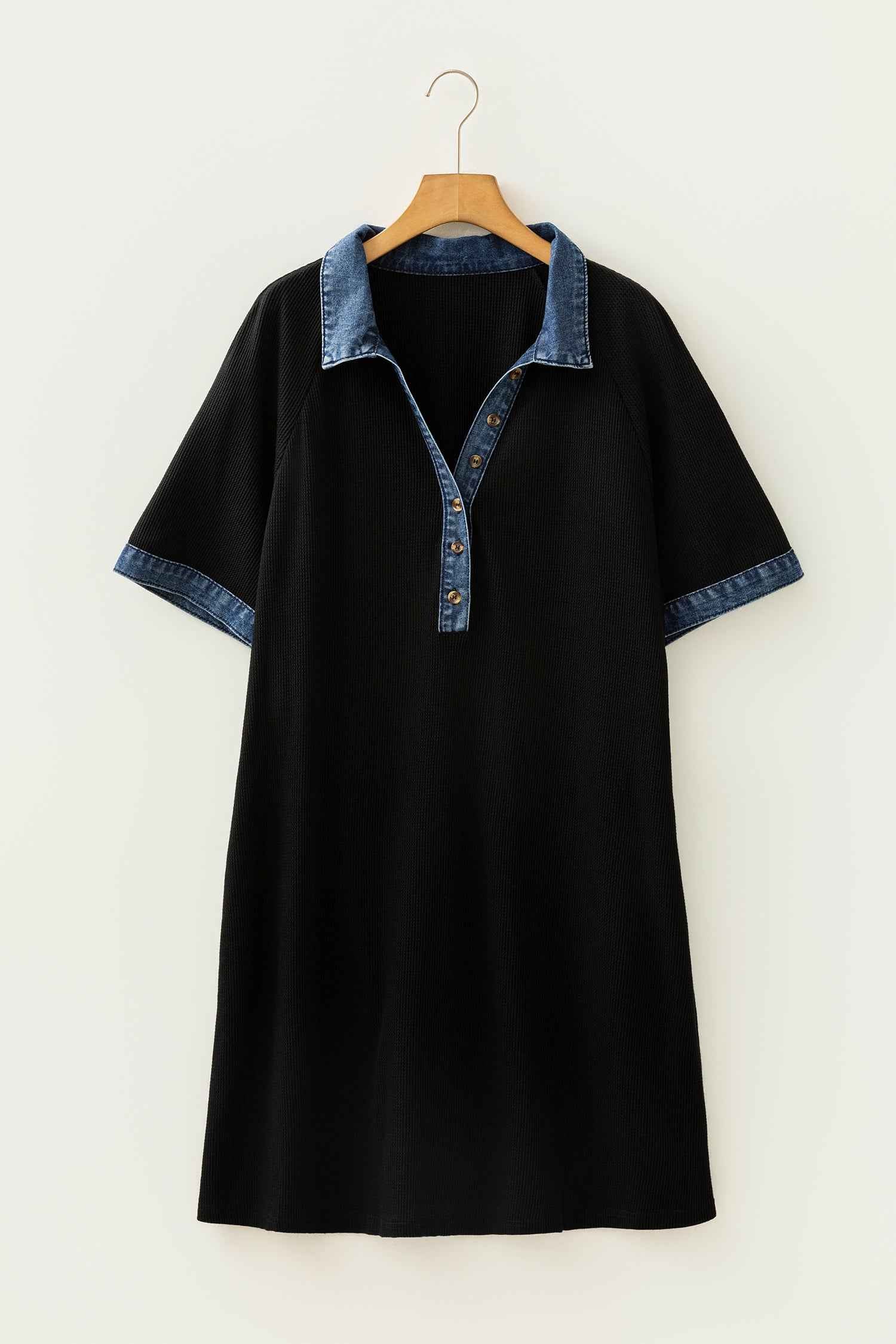 Black Colorblock Denim Collar Short Sleeve Plus Size Shift Dress