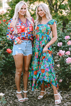 Green Floral Print Sleeveless Ruffle Tiered Maxi Dress
