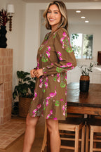 Brown Contrast Floral Print Babydoll Tunic Ruffled Hem Puff Sleeve Dress