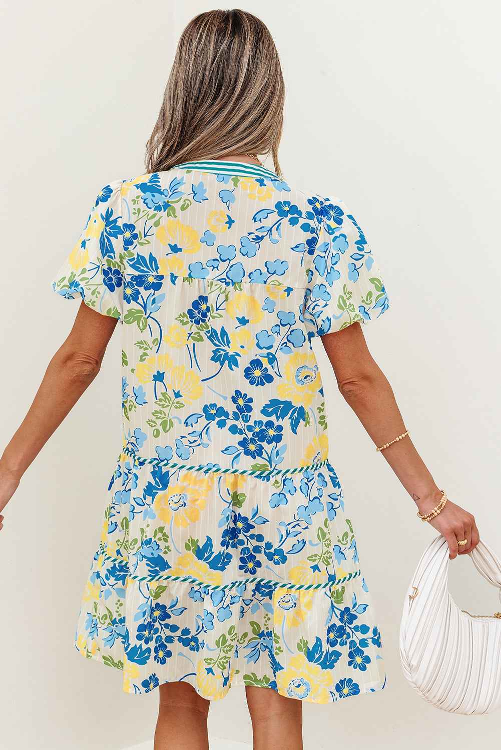 Blue Floral Striped Trim Puff Short Sleeve Dress