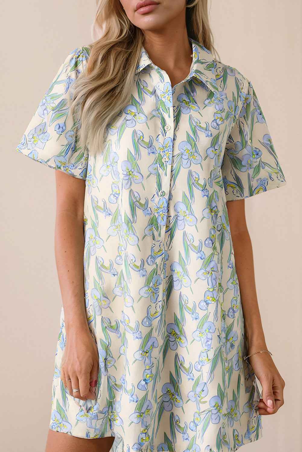 Green Floral Print Shirtcollar Buttoned Short Sleeve Shift Dress