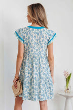 Sky Blue Floral Print Contrast Trim Flutter Sleeve Mini Dress