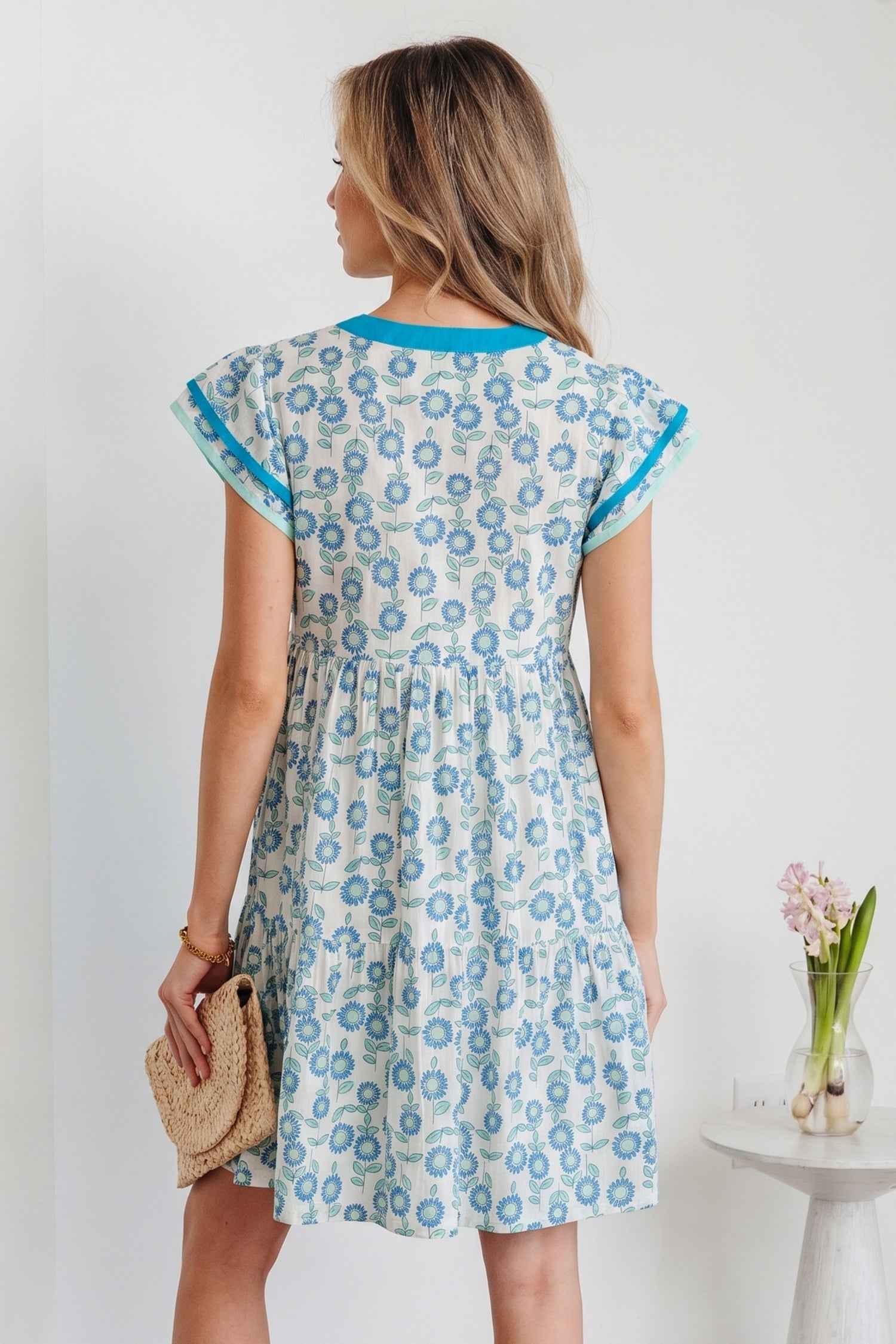 Sky Blue Floral Print Contrast Trim Flutter Sleeve Mini Dress