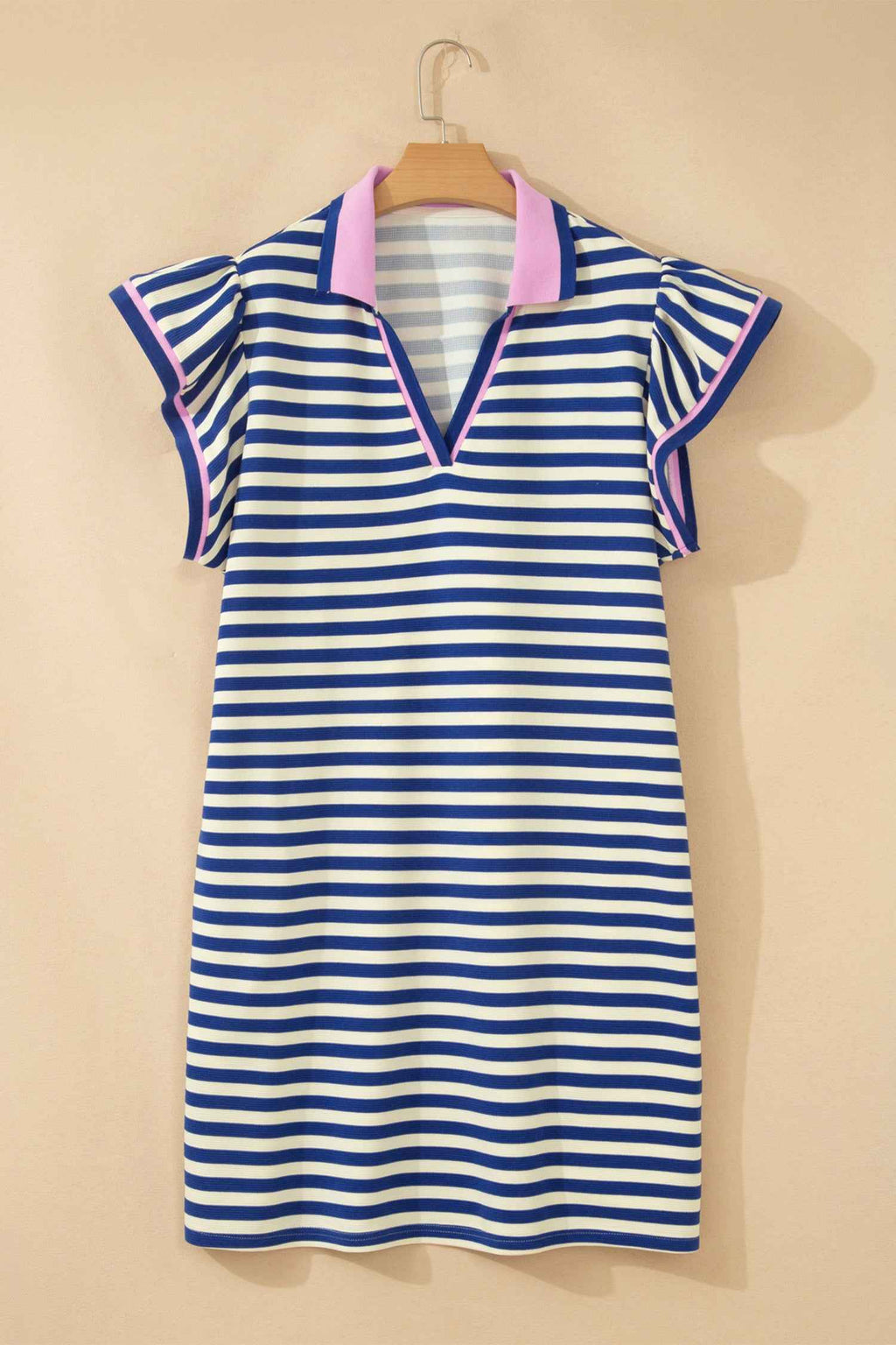 Dark Blue Striped Shift Dress Colorblock V Neck Short Sleeve Casual Summer