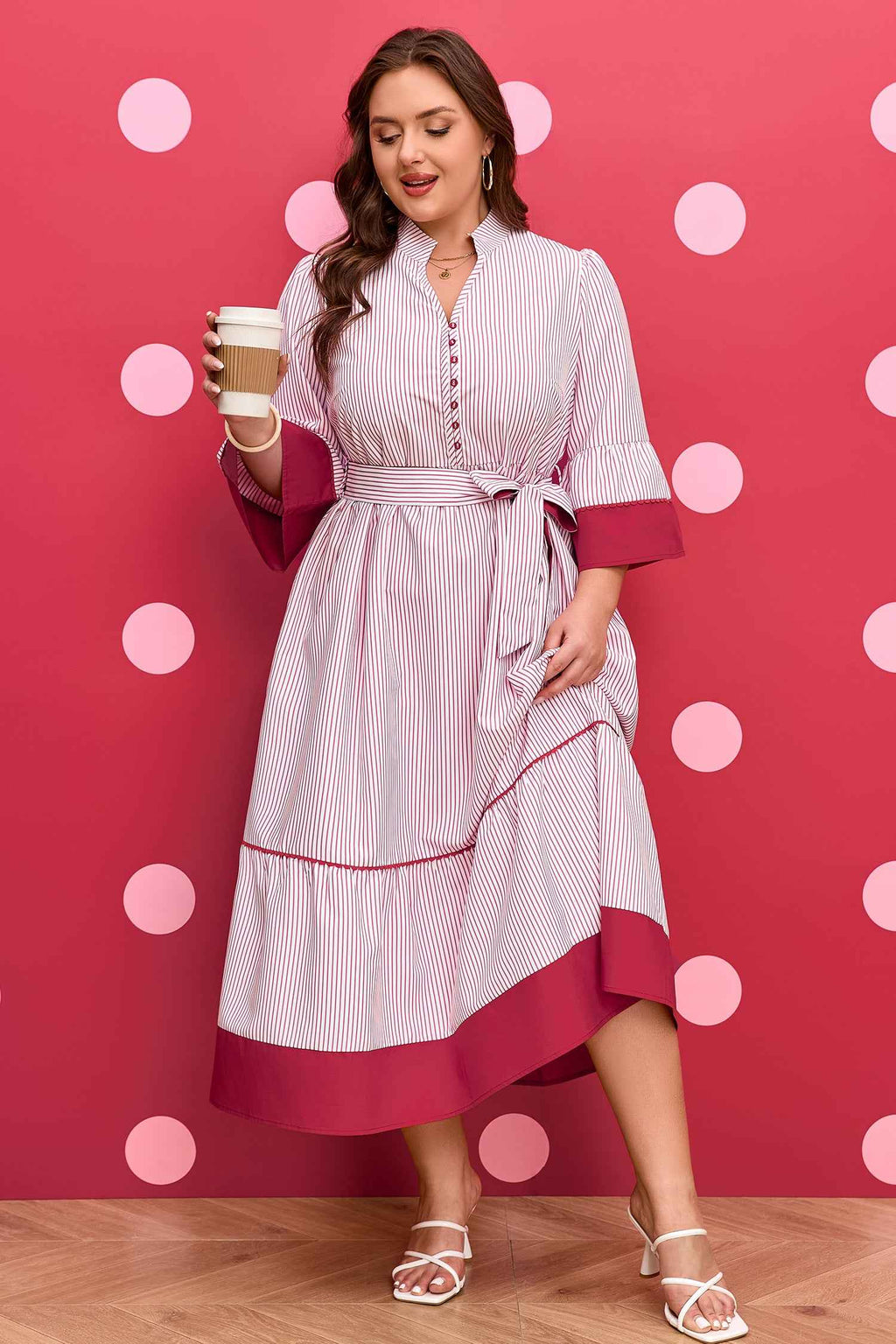 Red Stripe Plus Size Ruffled Hem Pinstriped Midi Dress