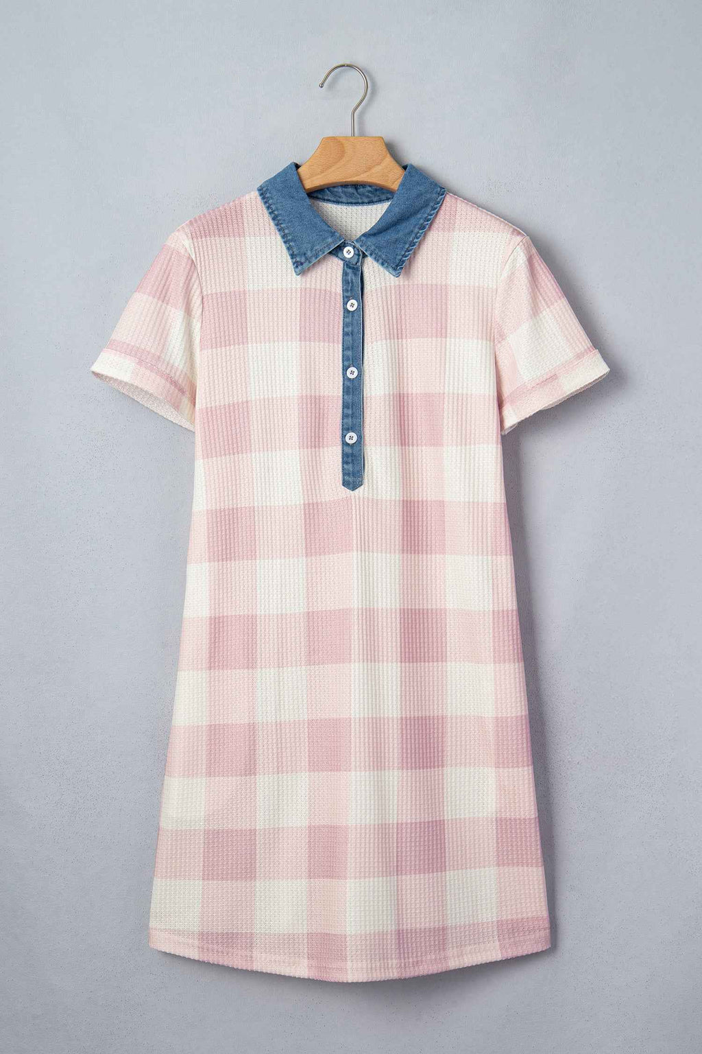 Pink Waffle Plaid Print Contrast Denim Shirt Collar Buttoned T Shirt Mini Dress