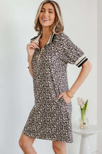 Khaki Leopard Print Zip Neck Striped Webbing Patchwork T Shirt Mini Dress