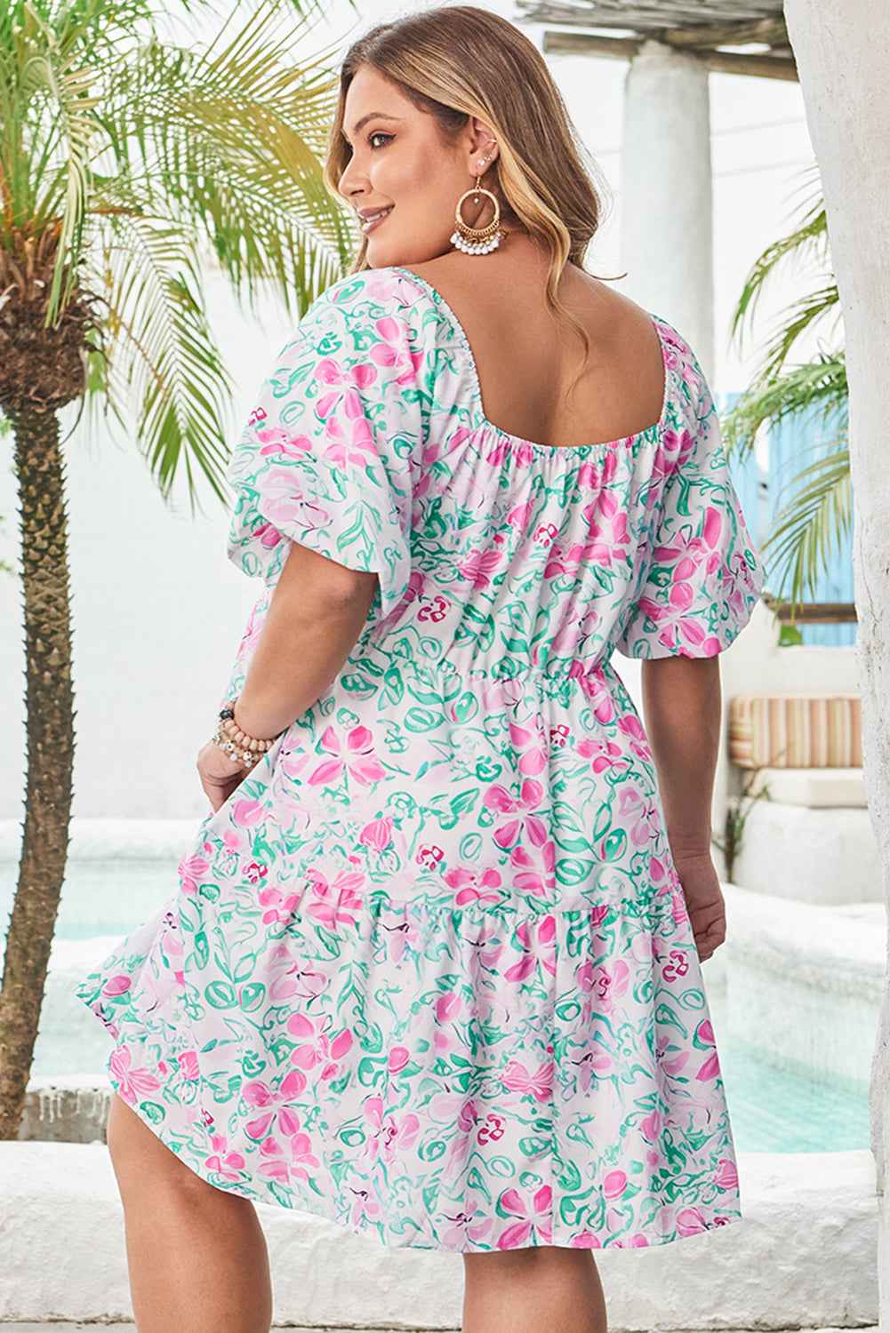 White Floral Print Ric-rac Trim Square Neck Plus Size Mini Dress