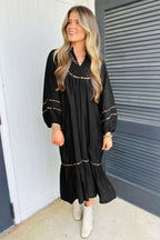 Black Contrast Leopard Trim Split Neck Long Sleeve Casual Midi Dress