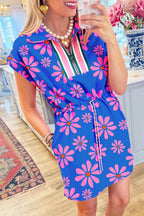 Purple Floral Striped Quarter Zip Cap Sleeve Drawstring Waist Mini Dress