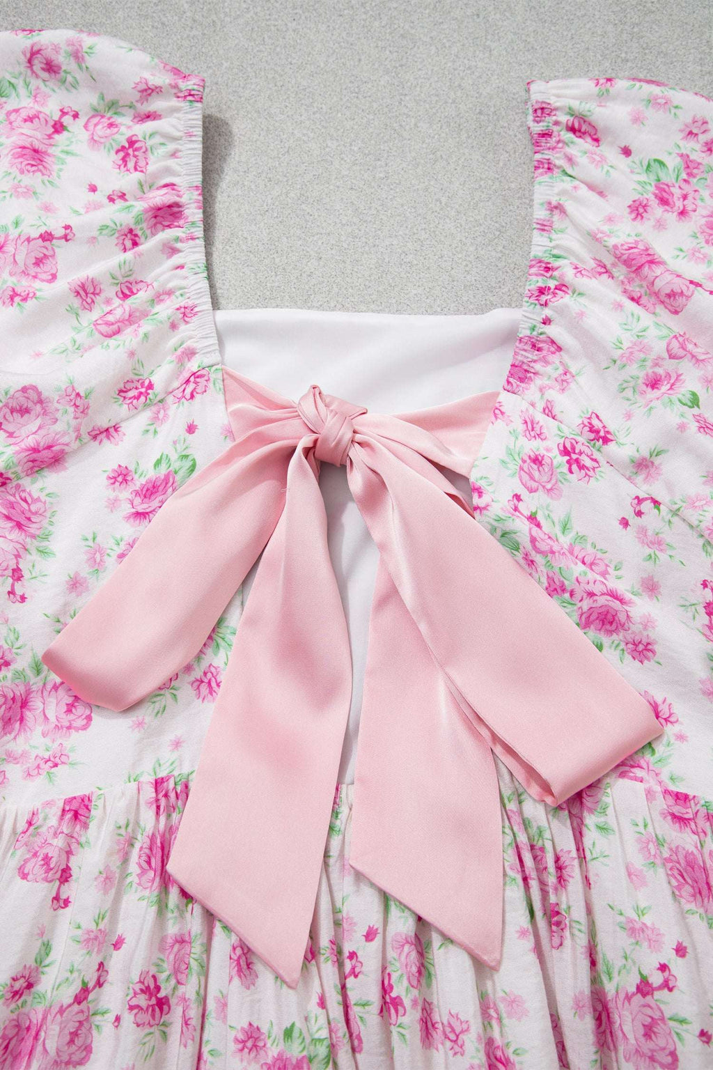 Pink Floral Print Square Neck Ribbon Knot Back Cute Mini Dress