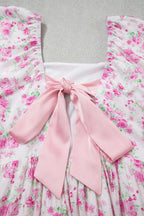Pink Floral Print Square Neck Ribbon Knot Back Cute Mini Dress