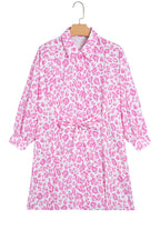 Pink Abstract Leopard Print Tie Waist Puff Sleeve Mini Shirt Dress