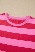 Orange Stripe Cuffed Short Sleeve Pocketed Casual T Shirt Long Dress