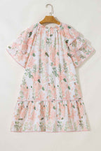 Pink Plus Size Floral Print Striped Detail Short Summer Dress