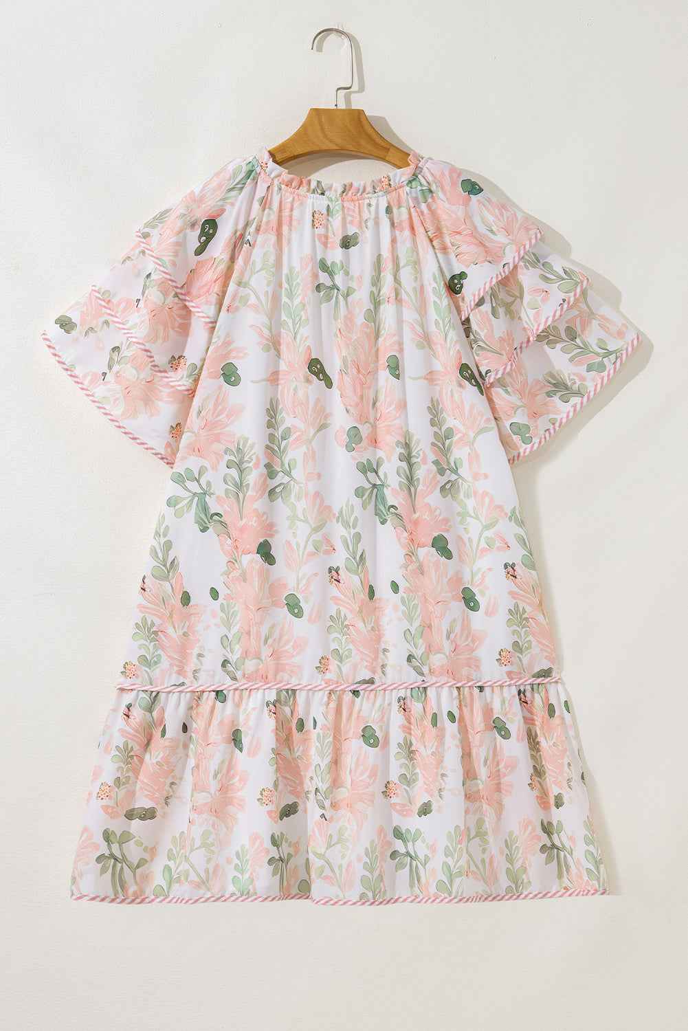 Pink Plus Size Floral Print Striped Detail Short Summer Dress