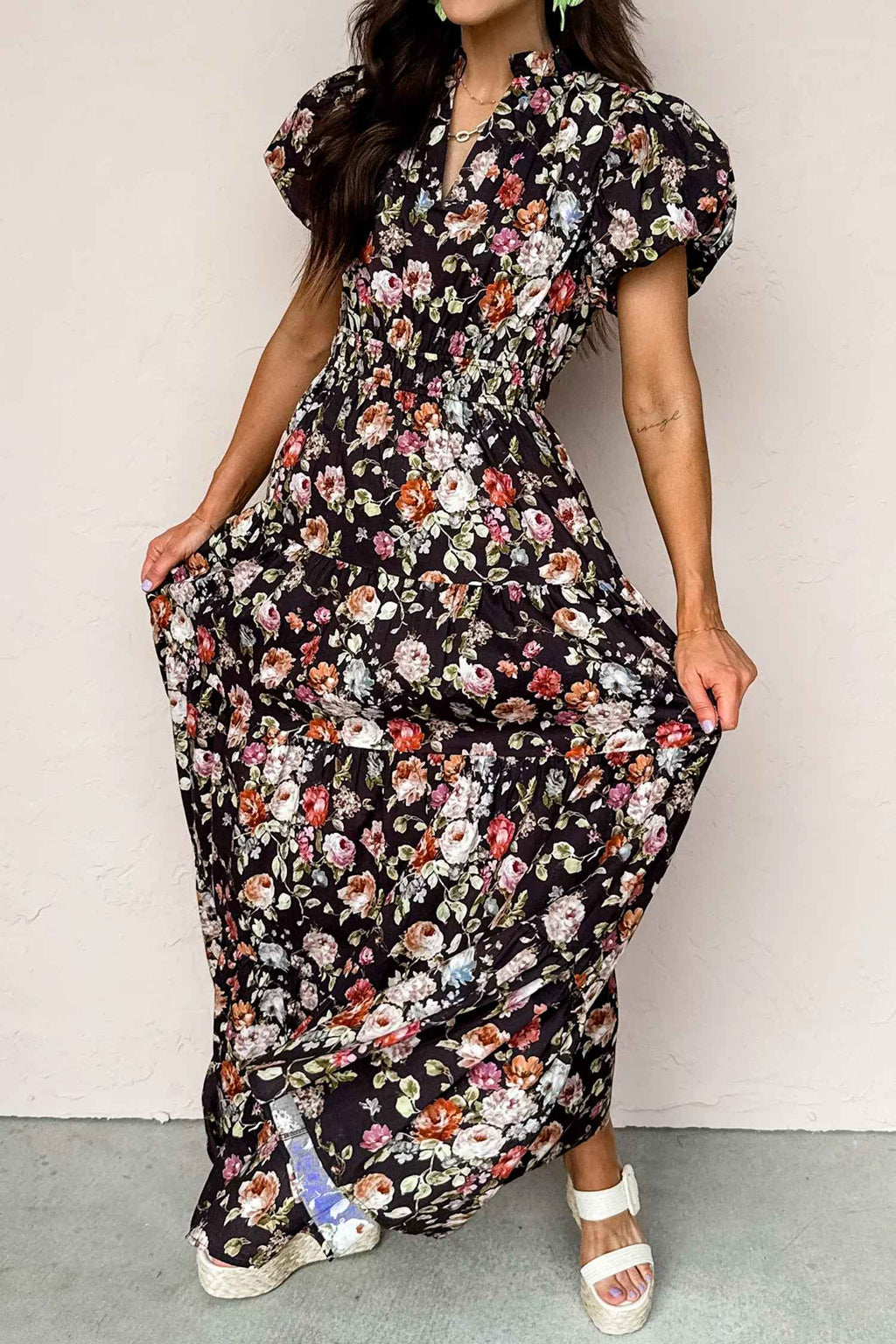 Black Floral Print V Neck Pleated Tiered Maxi Dress