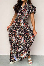 Black Floral Print V Neck Pleated Tiered Maxi Dress