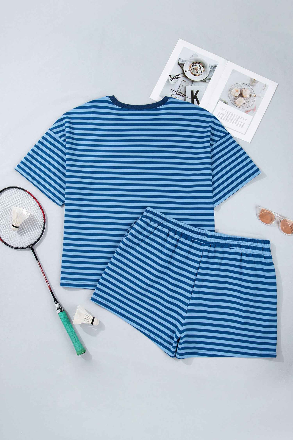 Blue Stripe Plus Size Dropped Shoulder Tee and Shorts Two-Piece Set
