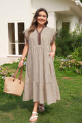 Brown Stripe Plus Size Slit V Neck Tiered Flutter Sleeve Maxi Dress