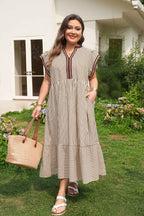 Brown Stripe Plus Size Slit V Neck Tiered Flutter Sleeve Maxi Dress