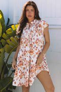 Apricot Floral Geometric Print Ruffled Trim Flutter Sleeve Mini Dress