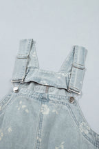 Sky Blue Retro Wash Denim Floral Print Overall Mini Dress