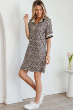 Khaki Leopard Print Zip Neck Striped Webbing Patchwork T Shirt Mini Dress