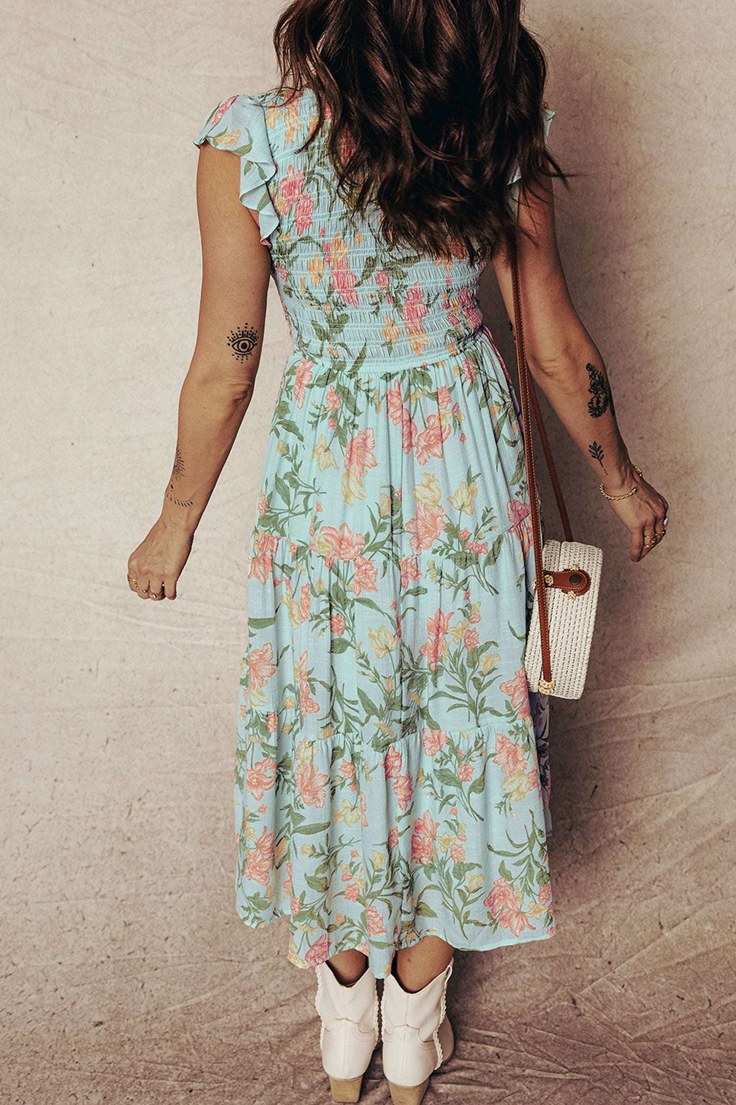 Yellow Smocked Bodice Ruffled Sleeveless Tiered Floral Maxi Dress