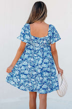 Blue Floral Puff Sleeve Babydoll Mini Dress