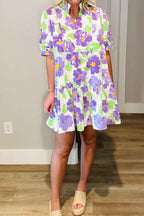 Purple Floral V Collar Short Sleeve Tiered Ruffle Mini Dress