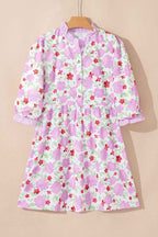 Pink Floral Print Striped Trim Frilled Neck 3/4 Sleeve Flared Mini Dress