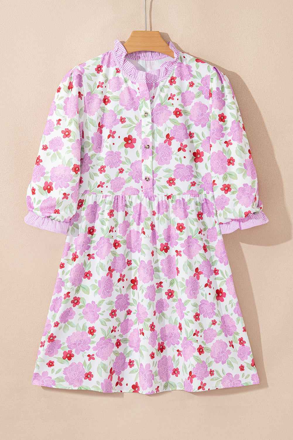 Pink Floral Print Striped Trim Frilled Neck 3/4 Sleeve Flared Mini Dress
