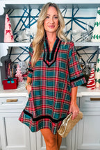 Green Plaid Velvet Trim Pockets Short Shift Dress